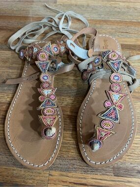 Laidback London Beaded Tan Leather Lace-Up T-Strap Sandals Handmade NWOT 38/8